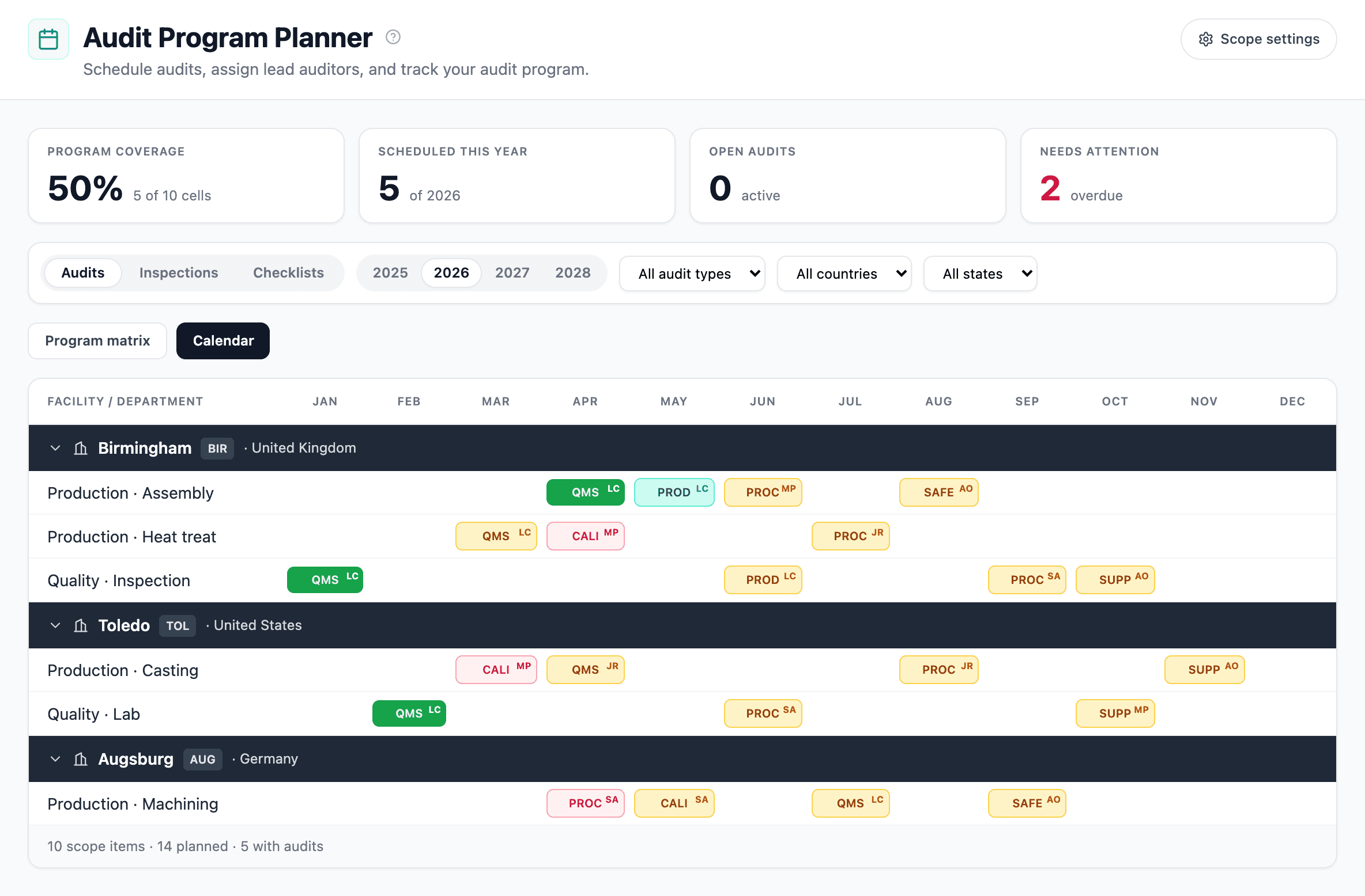 Audit Planner calendar view with audit cards on their planned dates and a drag handle on hover