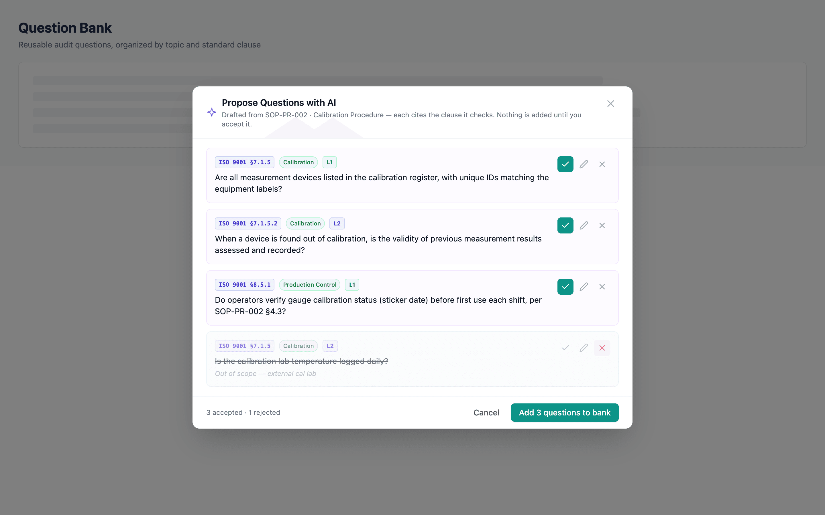 The AI propose-questions review modal with proposed questions, their section citations, and accept/edit/reject controls