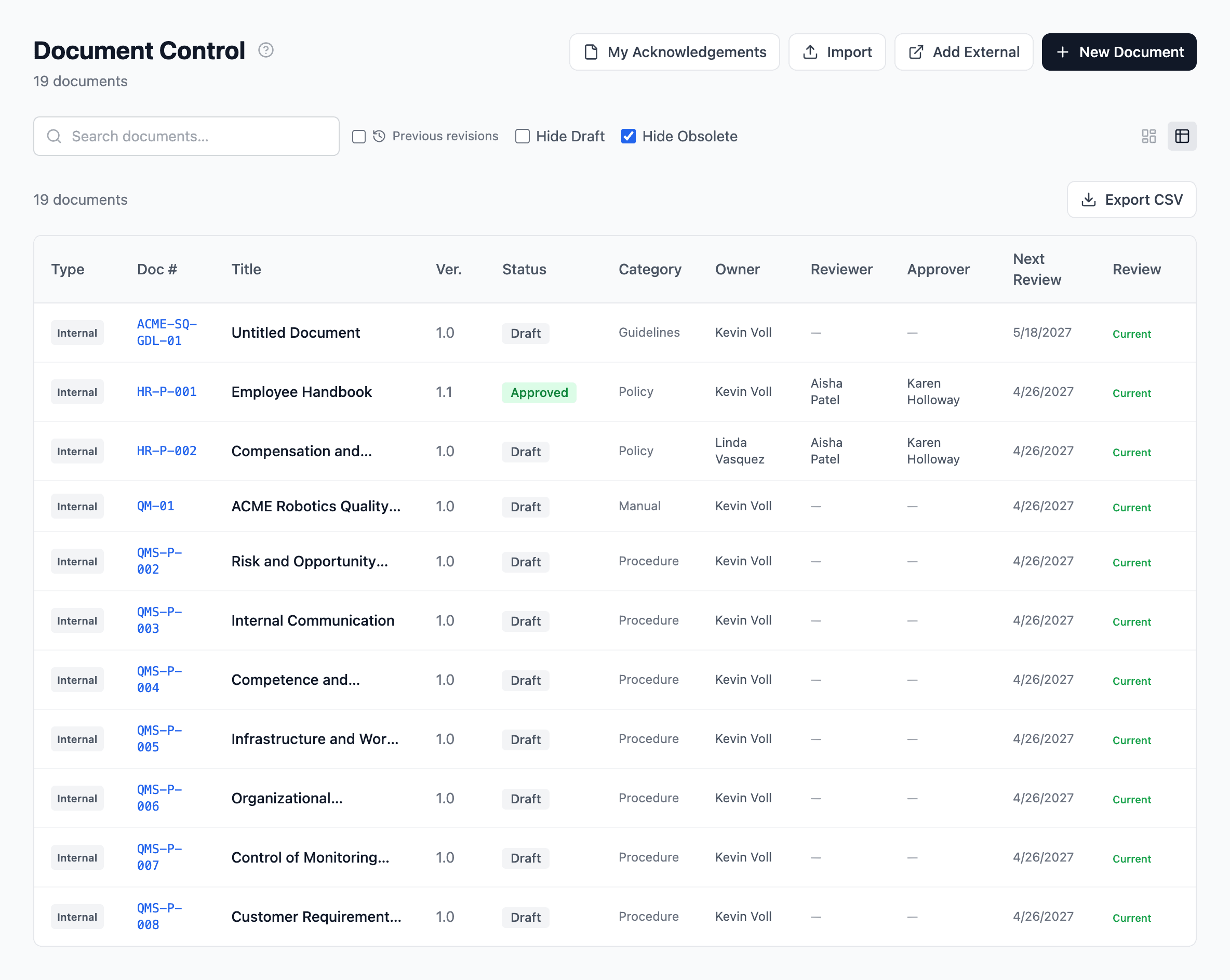 The document register with class filter, status filters, search, and review-status badges