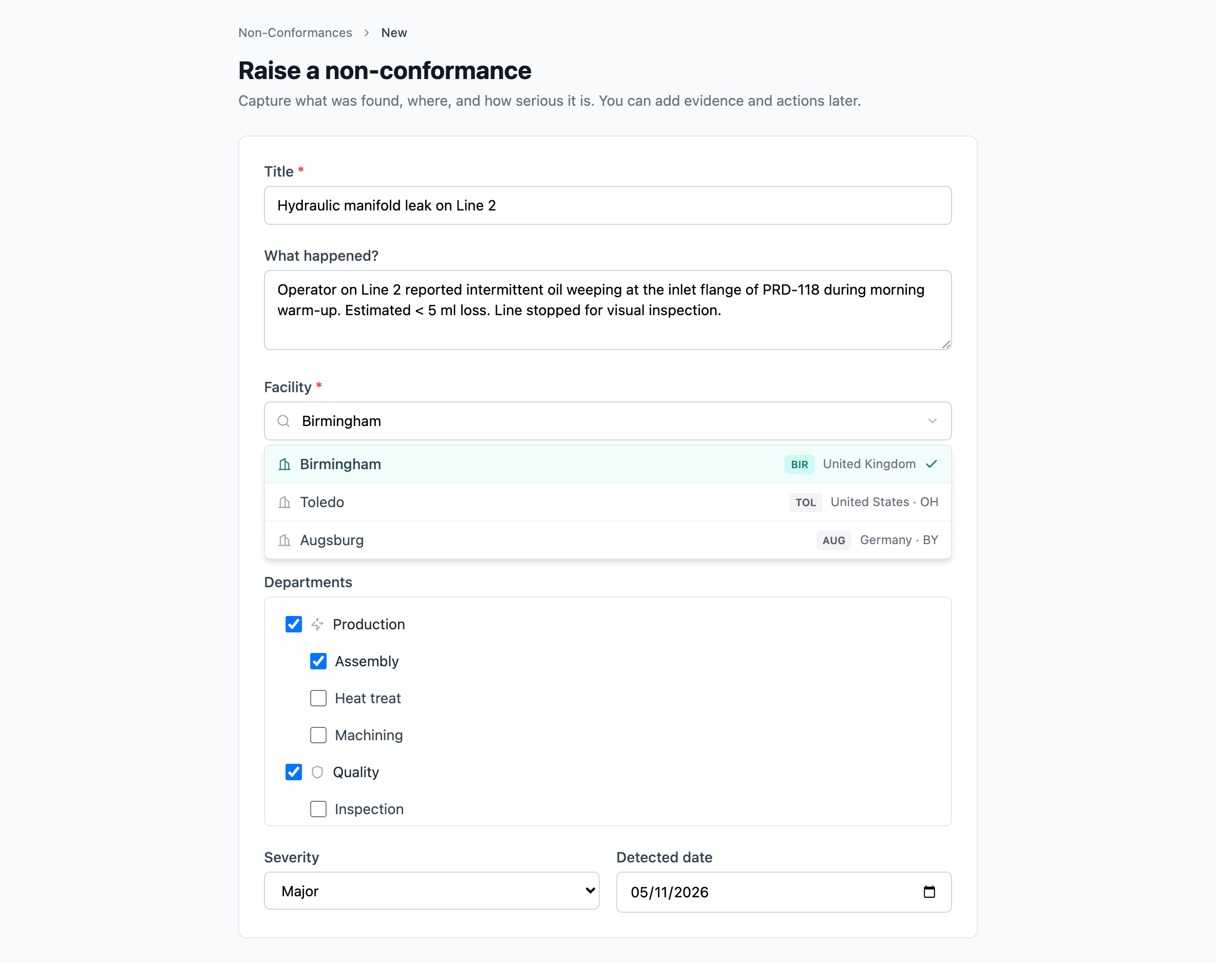 The scope picker open on a create form, showing facility search and department checkboxes