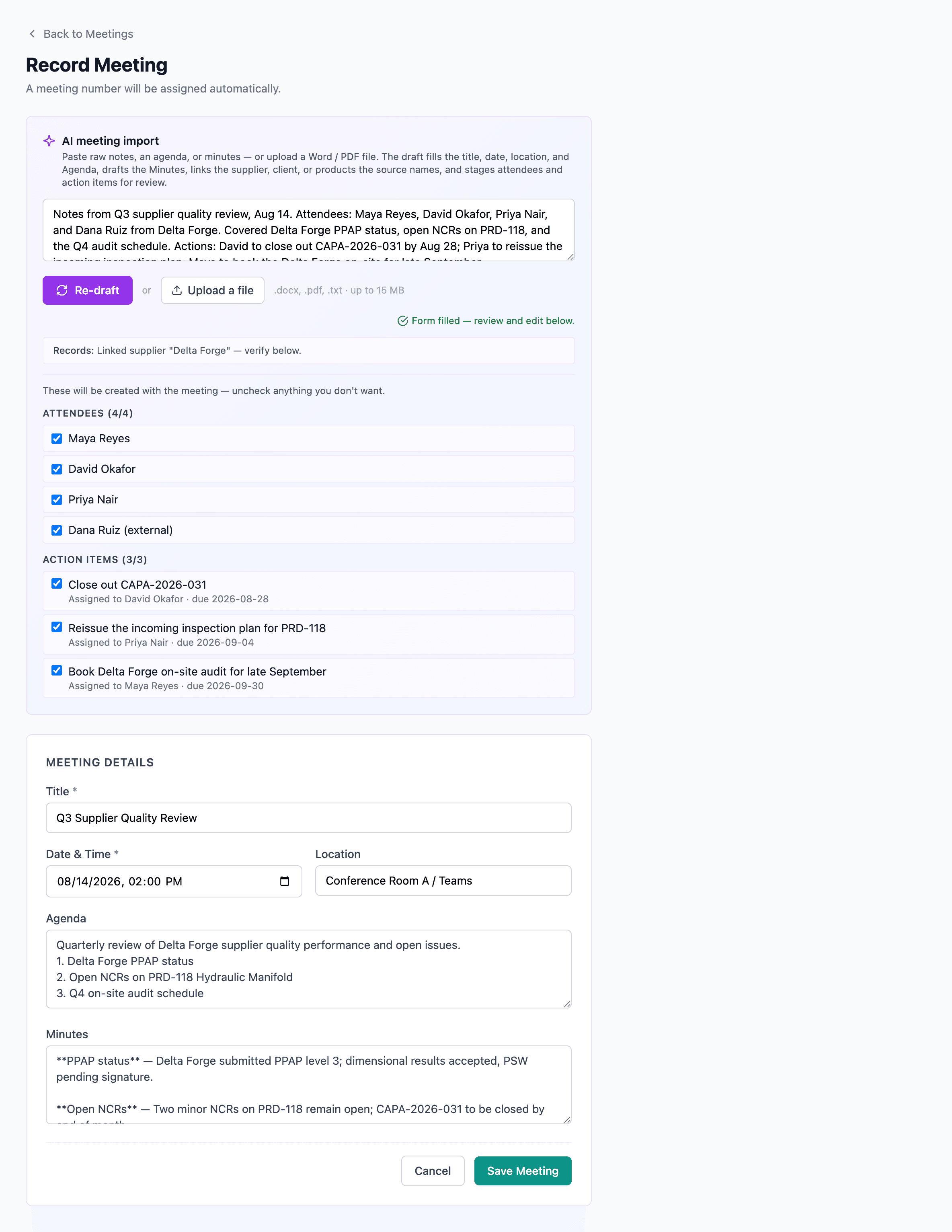 The AI meeting import panel on Record Meeting — a notes/file input with the staged draft below: title, agenda, minutes, and checkbox review lists for attendees and actions