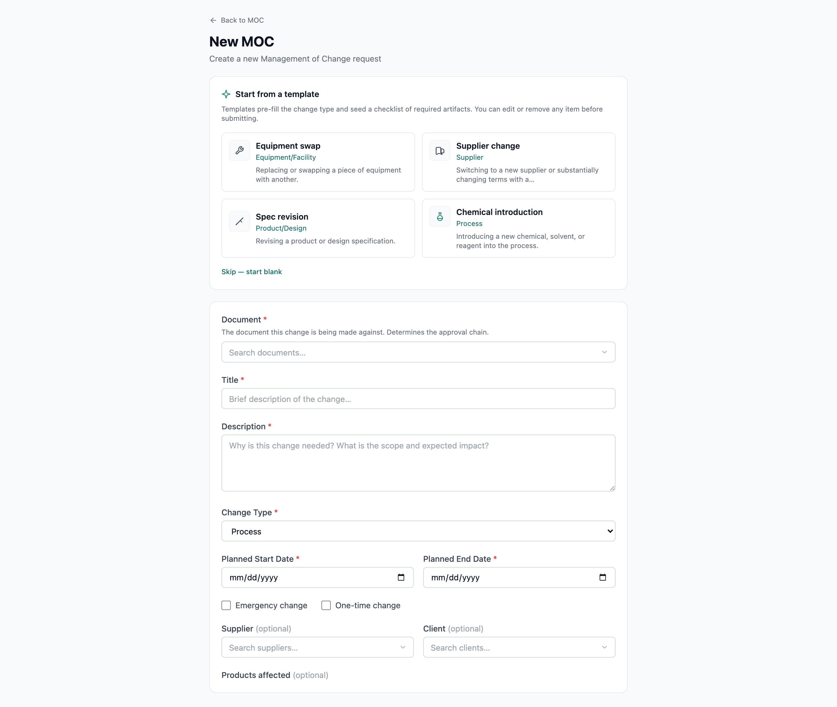 New MOC form with template gallery, change type, and the seeded required-artifacts checklist