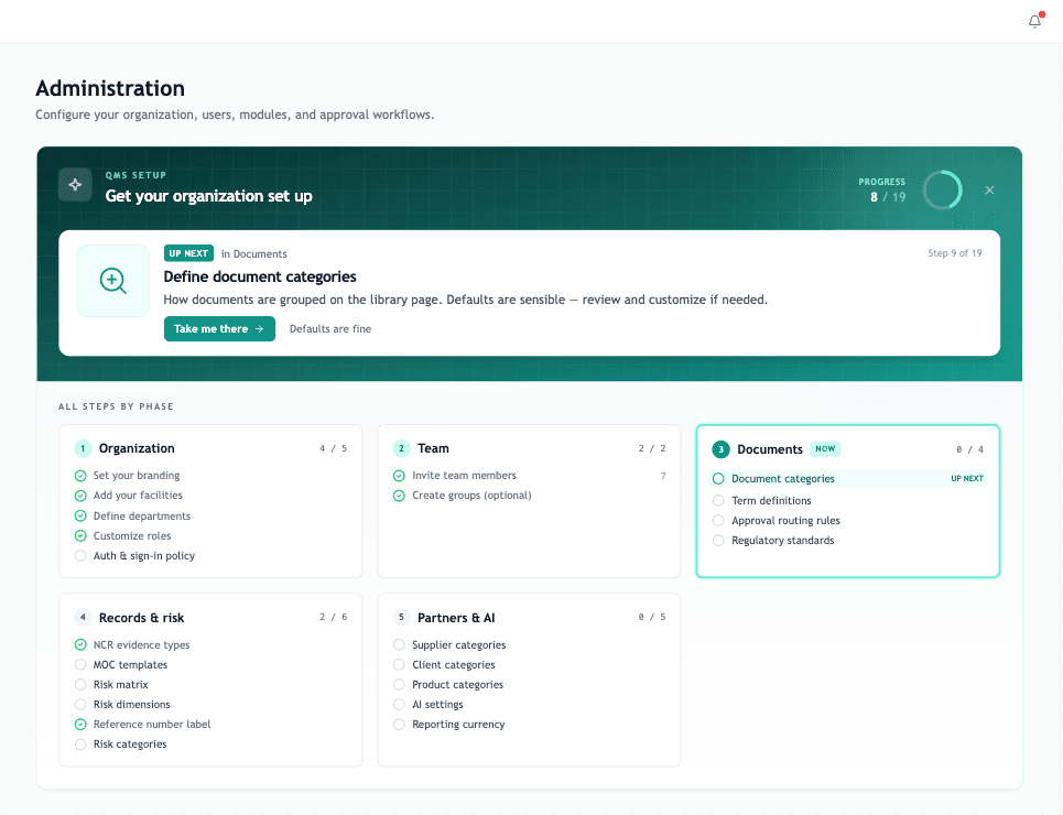 The admin home with the onboarding checklist at the top, showing some items done and others open