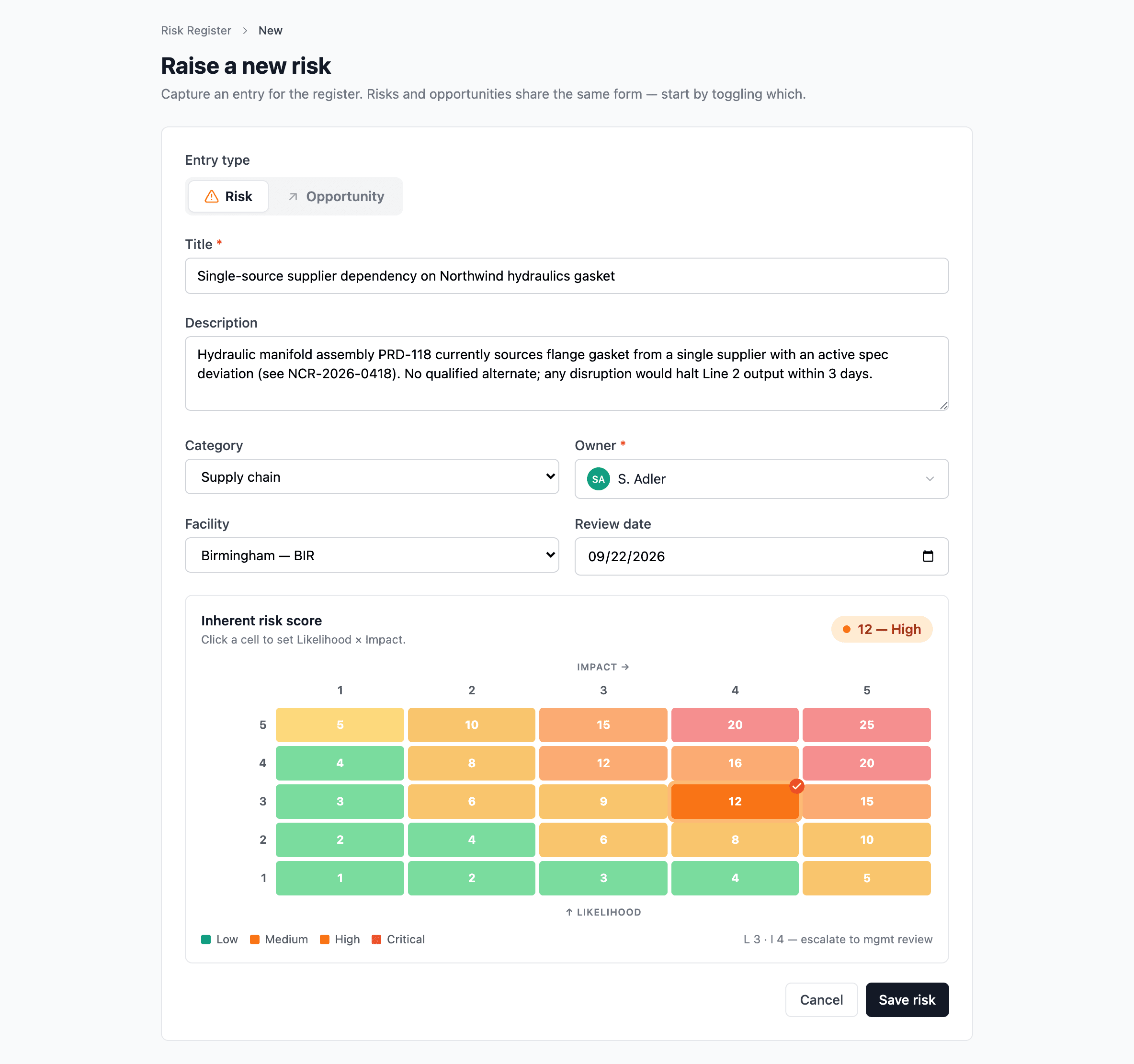 The new-risk form with type toggle, category, owner, and the matrix scoring grid